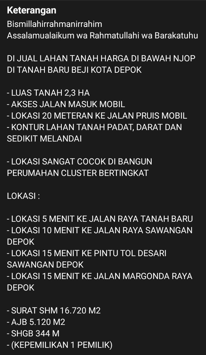 PeacePack2's tweet photo. DI JUAL :
LAHAN TANAH HARGA DI BAWAH NJOP DI TANAH BARU BEJI KOTA DEPOK

- LUAS TANAH 2,3 HA
- AKSES JALAN MASUK MOBIL
- LOKASI 20 METERAN KE JALAN PRUIS MOBIL
- KONTUR LAHAN TANAH PADAT, DARAT DAN SEDIKIT MELANDAI

08774 88357 74
08129 79951 51 https://t.co/iyaFk9VGuh