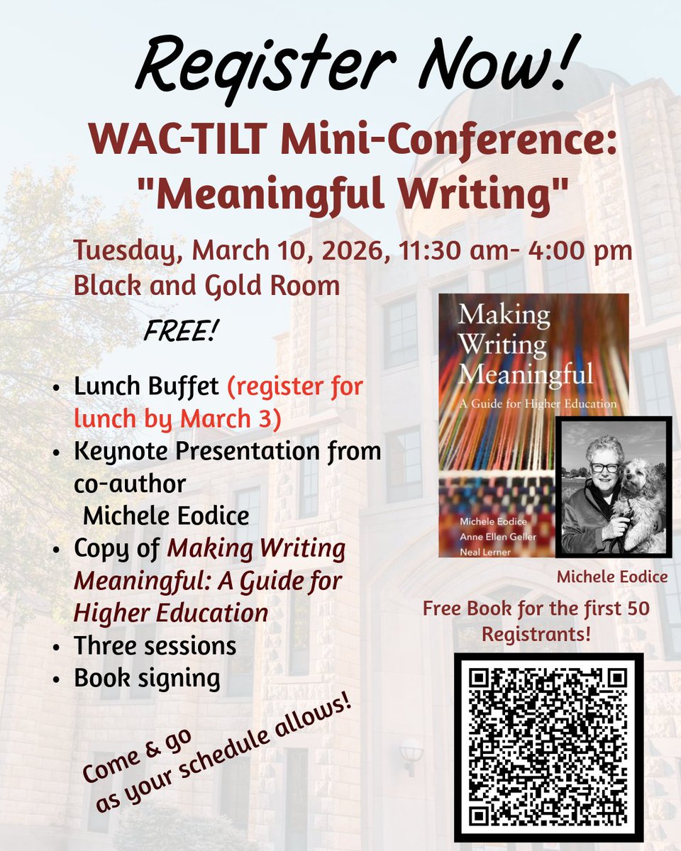 FHSUTILT's tweet photo. Join TILT and WAC for the Mini Conference: "Meaningful Writing" March 10th from 11:30 A.M. to 4:00 P.M.
Click the link below to register!
https://t.co/B8LGOWytqA https://t.co/ms8MMFWmjc