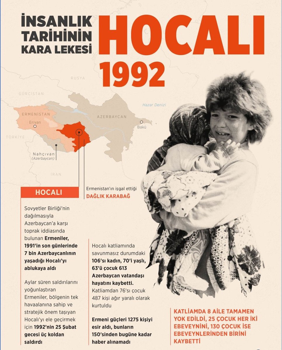 askobiafra's tweet photo. 🇹🇷🇦��Bundan 34 yıl önce Azerbaycan’ın Hocalı ilçesinde yaşanan katliam, insanlık tarihine kara bir leke olarak yazılmıştır. 

63'ü çocuk, 106'sı kadın 613 kişi katledilmiş, yüzlerce yaralı ve kayıp yaşanmıştır.

#HocalıSoykırımı https://t.co/i2MAWJlKAy