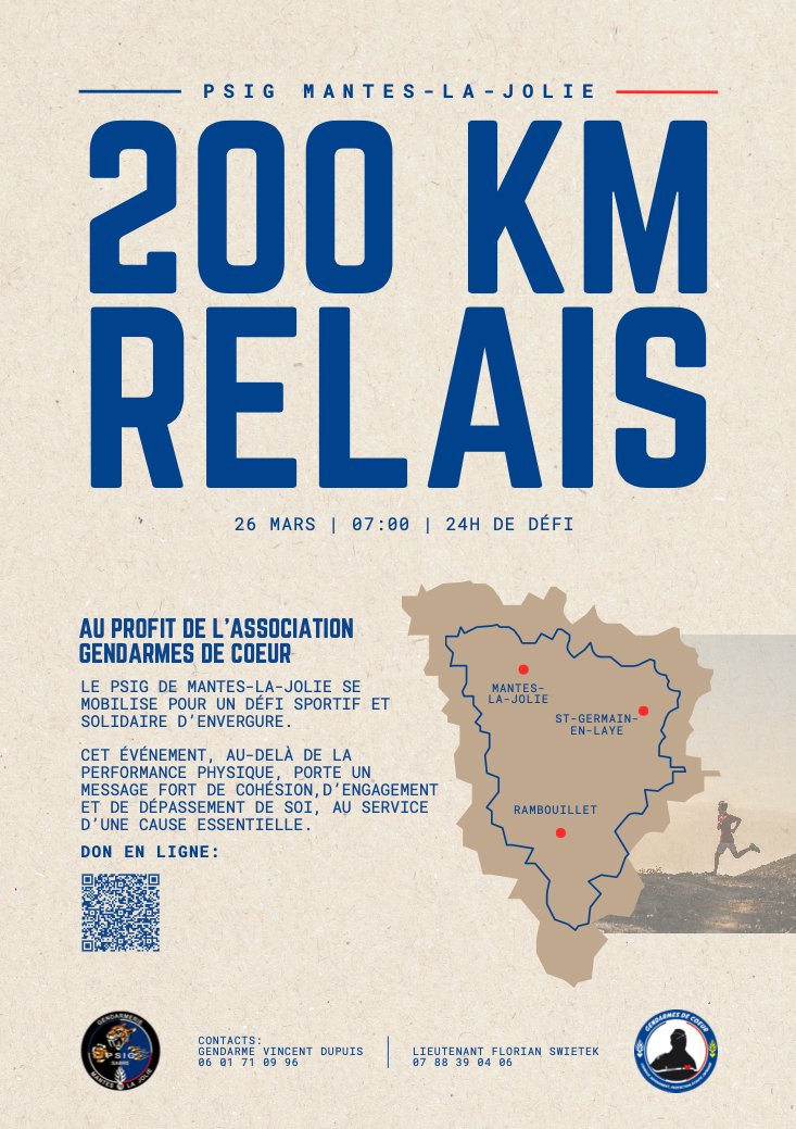 Gendarmerie_078's tweet photo. 🏃‍♂️ | Le 26 mars 2026 : le PSIG Mantes-la-Jolie
réalisera un relais : 200 km / 24h dans les Yvelines.
🤝 | Objectif : soutenir Gendarmes de Cœur.

📲 | Don en ligne : QR code sur l’affiche.

🧵 | Rondaches en vente : édition collector pour collectionneurs — achat = soutien direct https://t.co/IXryG2HFsU