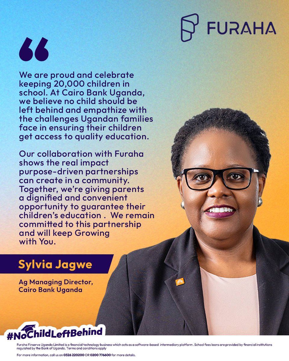 Sylvia Jagwe Owachi, Ag. Managing Director at Cairo Bank Uganda, highlights that supporting 20,000 children to stay in school as a tangible outcome of purpose-driven partnerships. We remain committed to strengthening this collaboration to scale access to education. #20000Reasons