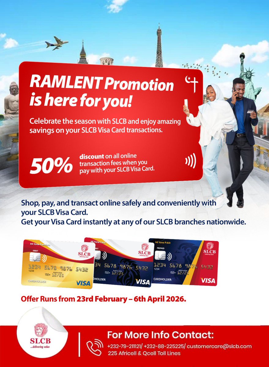 LeoneBank's tweet photo. Celebrate the season with SLCB and enjoy 50% OFF online transaction fees when you pay with your SLCB Visa Card. 
Shop smart, save more, and transact safely anywhere in the world.
Don’t miss out. 
This promo runs until 6th April 2026. 

#RAMLENTWithSLCB
#SLCB
#DeliveringValue https://t.co/Ltybpttga1
