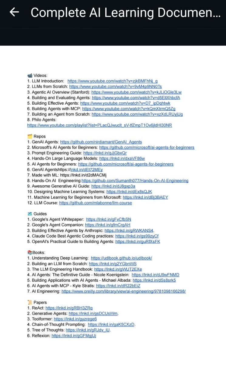 🚨 This AI Agent DOC can save you 100+ hours of confusion.

Everyone wants to learn AI Agents...
But 90% people get stuck between random YouTube videos, GitHub repos &amp; scattered threads.

So I did the hard work for you.

I spent weeks curating the complete AI Agent learning