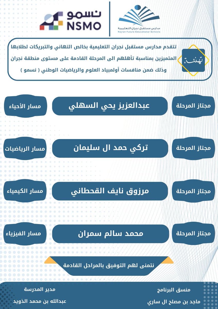 إنجاز جديد يضاف إلى مسيرة التميز ✨

نبارك لأبنائنا الطلاب تأهلهم إلى المرحلة القادمة على مستوى منطقة نجران ضمن منافسات أولمبياد العلوم والرياضيات (نسمو).

فخرٌ لنا بكم، ونتمنى لكم مزيدًا من النجاح .