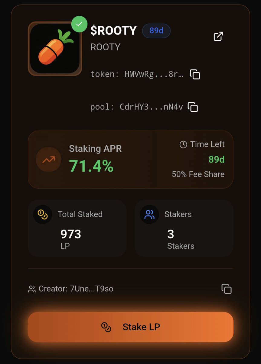 You can now earn 50% of creator rewards of $ROOTY by LPing on pumpswap and staking on rooty.fun 

Memecoin Farms with real APR % are LIVE!