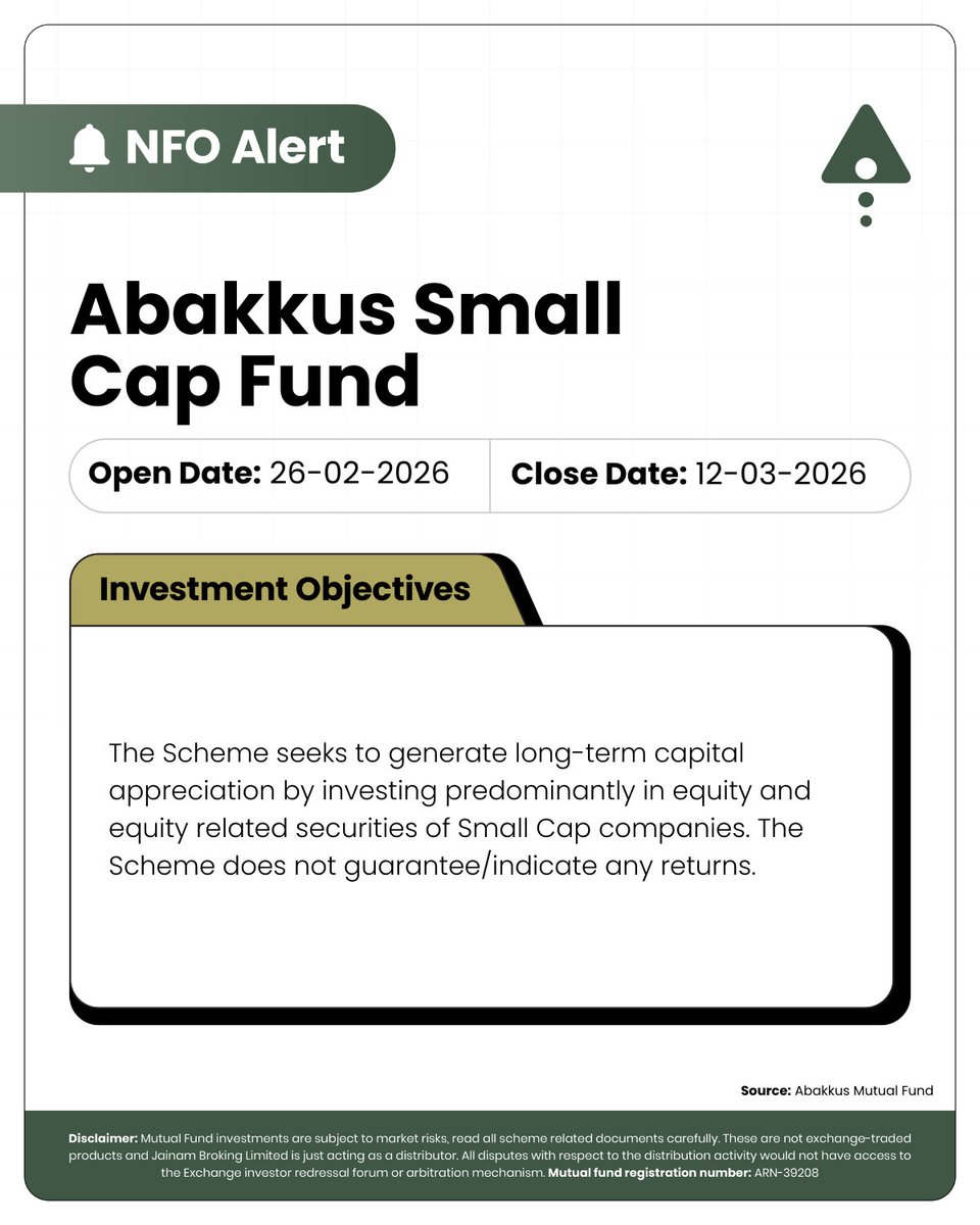 jainambroking's tweet image. Abakkus launches Small Cap Fund NFO, focused on equity investments in small-cap companies with a long-term approach.

#NFO #Abakkus #SmallCapFund #MutualFunds #InvestmentUpdates