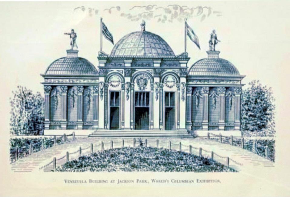 El pabellón de Venezuela en la Exposición de Chicago de 1893, fue uno de los 40 recintos nacionales propios.

Del arquitecto Jean Mora, su planta en cruz exhibía en los topes de dos de sus alas, los bronces de Colón (hoy en Macuro) y Bolívar (hoy en Lobatera), obras de G. Turini.