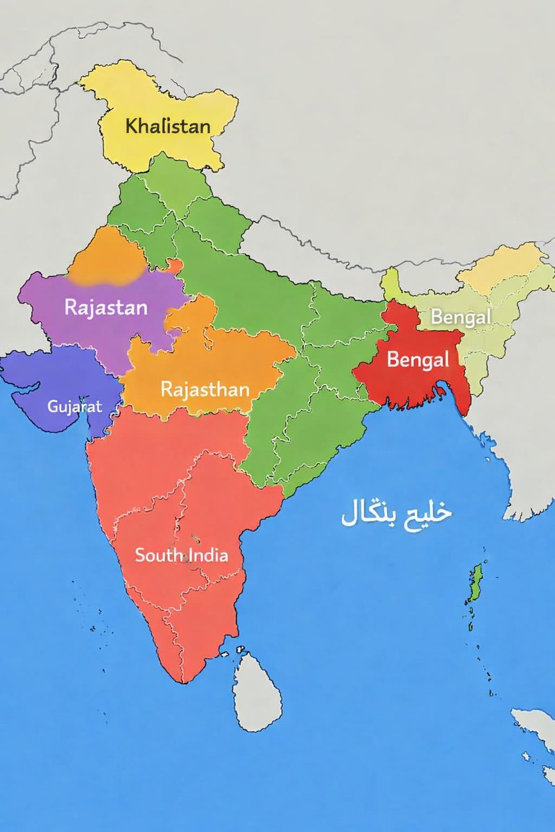 با اشتباهی که #روس ها کردند به ۱۶ بخش تقسیم شدند 
بعدش #امریکا با قرضدار شدن ۳۷ تریلیون دالر نزدیک به فروپاشی رسیده است
اکنون نوبت هندوستان است 
هند از حمایت ترورستان طالب دست بردارد 
یابزودی نقشه هند چنین تغیر خواهد کرد

حتی بدی های #پاکستان را فراموش میکنیم دوستی خواهیم کرد