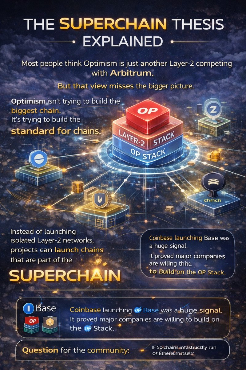 web_scavengr's tweet photo. The Superchain Thesis Explained

Most people think Optimism is just another Layer-2 competing with Arbitrum.

But that view misses the bigger picture.

Optimism isn’t trying to build the biggest chain.

It’s trying to build the standard for chains.

This is where the OP Stack changes everything.

Instead of launching isolated Layer-2 networks, projects can launch chains that are part of the Superchain.

Think of it like Apple’s ecosystem.

Different devices.

Same operating system.

Shared infrastructure.

This means:

• Shared security
• Shared tooling
• Faster development
• Easier interoperability

And most importantly:

Network effects.

Every new chain strengthens the ecosystem.

Coinbase launching Base was a huge signal.

It proved major companies are willing to build on the OP Stack.

If this trend continues, Optimism may quietly become the infrastructure powering a large portion of Ethereum scaling.

The market is still trying to price this in.

Because valuing a single chain is easy.

Valuing an entire network of chains is much harder.

Question for the community:

If 50 chains eventually run on the OP Stack, should the market value Optimism like a blockchain… or like the infrastructure layer of Ethereum itself?

#DipAndEarnUp555%APR #WednesdayAirdrop #TradeGoldandSilver #ByXLeaderboard #FarmMNTonAlpha $OP