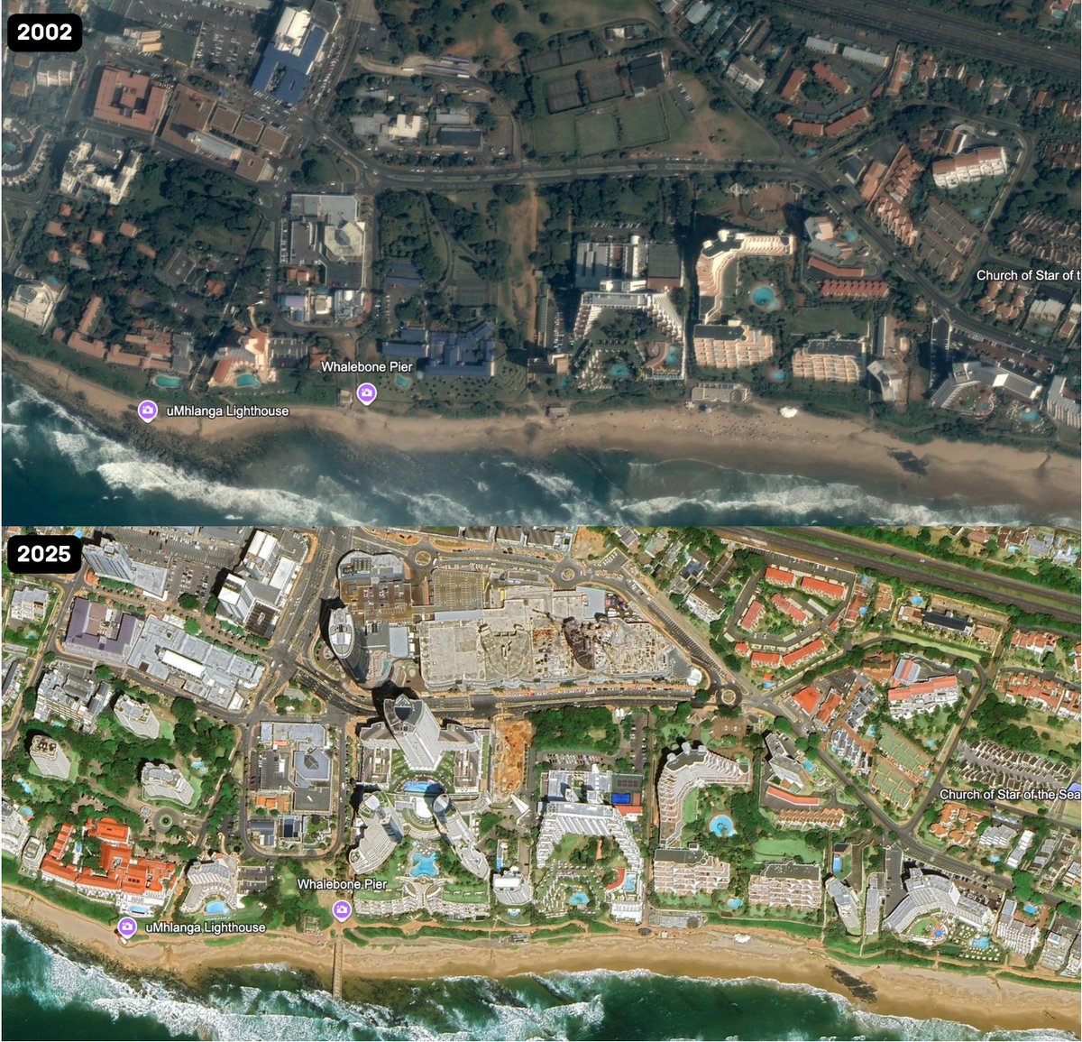 durbsrewind's tweet photo. Durban Bright Spots is once again taking you back to the incredible uMhlanga.

From open lots to a world-class skyline 🌊🏗️
New hotels, apartments, retail, and the iconic pier transforming the coastline into a global destination.

Love it or miss the old days?

uMhlanga, (greater) Durban, South Africa.
2002 - 2025