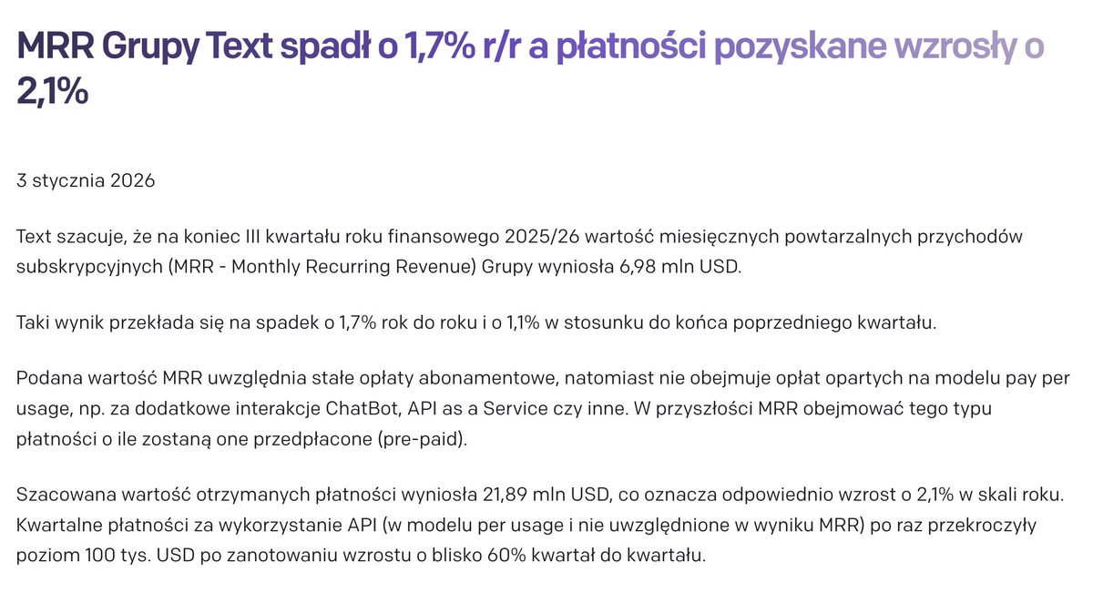 ttusiek's tweet image. Dla tych osób, które pamiętają, że w wakacje 2025 powiedziałem, że #text to dobra spółka (a potem już zapomniały posłuchać po KPI na jesień i po wynikach na koniec września jak mówię, że zarząd się rozmija i teza się nie spełniła), to przypominam, że dziś po sesji zostaną
