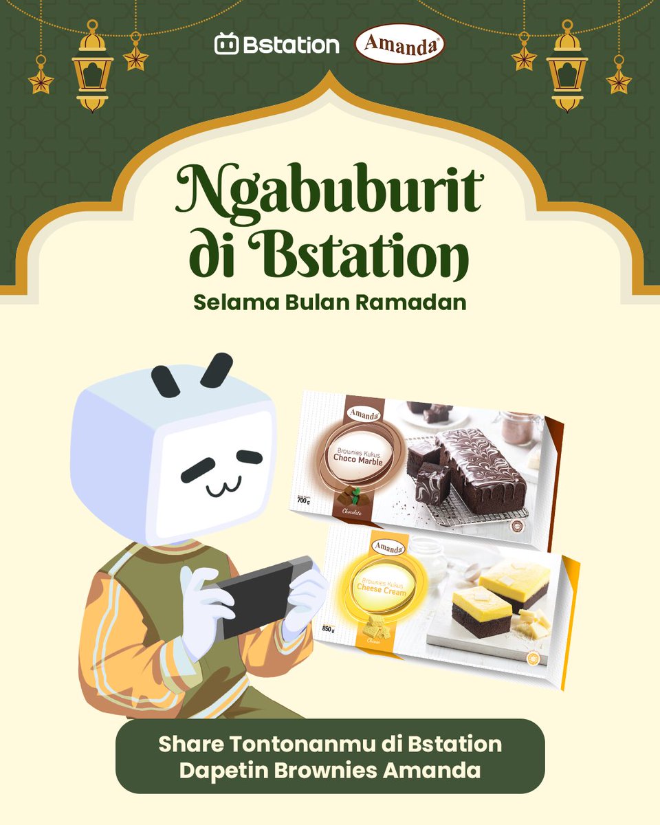 Ngabuburit di bstation PERIODE 1 
AKHIRNYA KEJADIAN!! Bstation bakal nemenin ngabuburit para wibu2 kesayangan bareng Min Aman ma Min Mandaaa 🥳

✨Get 4 Brownies Amanda varian Original yang bisa kamu klaim di outlet terdekatmu✨

Syaratnya?
1. Follow <a href="/BstationID/">Bstation Indonesia</a>  &amp;