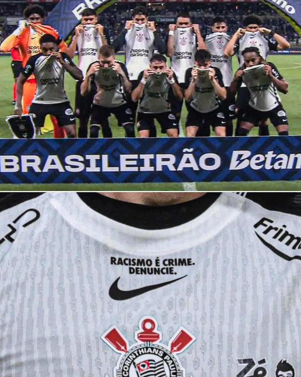 Corinthians covered their mouths with their shirt in a protest against racism before their match against Cruzeiro.
 
Each player also wore a shirt saying: "Racism is a crime. Report it.”