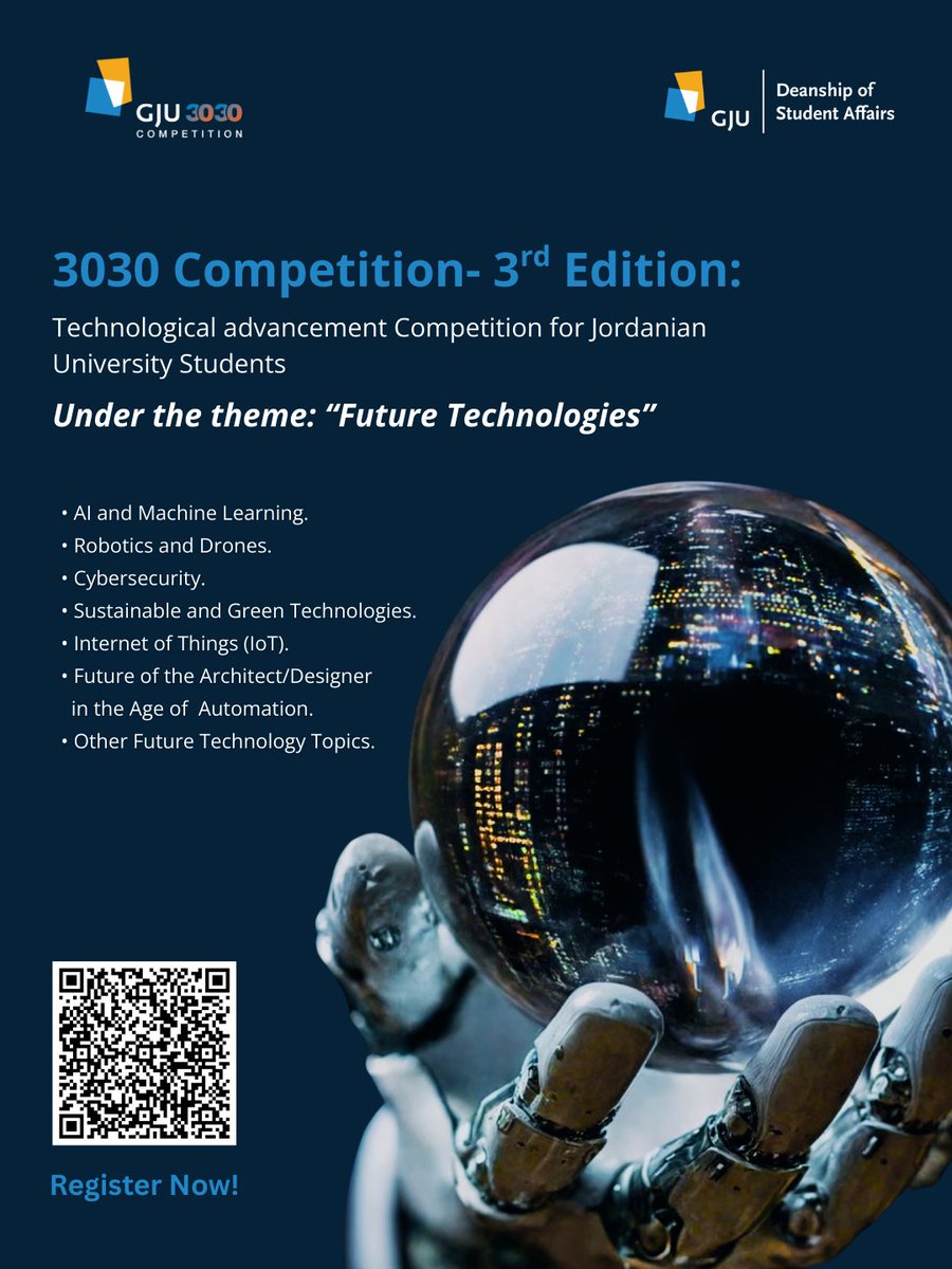 GJUniversity's tweet photo. German Jordanian University is proud to announce the 3rd edition of the Technological Advancement Competition – GJU 3030, under the theme “Future Technologies.”
This competition invites Jordanian university students to submit innovative projects and ideas that address real-world challenges using cutting-edge technologies. If you have a creative idea or solution, this is your chance to showcase it.
Register now: https://t.co/58piHkPJgU
Important Dates:
Project submission deadline: 14/4/2026
Shortlisted projects announced: 21/4/2026
Final presentations & project showcase: 4/5/2026
Full details: https://t.co/FAGfxVoO87
Contact: GJU.Competition@gju.edu.jo
Don’t miss this opportunity to share your creativity, innovation, and technical skills. We look forward to seeing your ideas in action!
The Power of Partnership: GJU Going Global
#GJU #PowerOfPartnership #Education #Innovation #Global #GJU3030 #FutureTechnologies