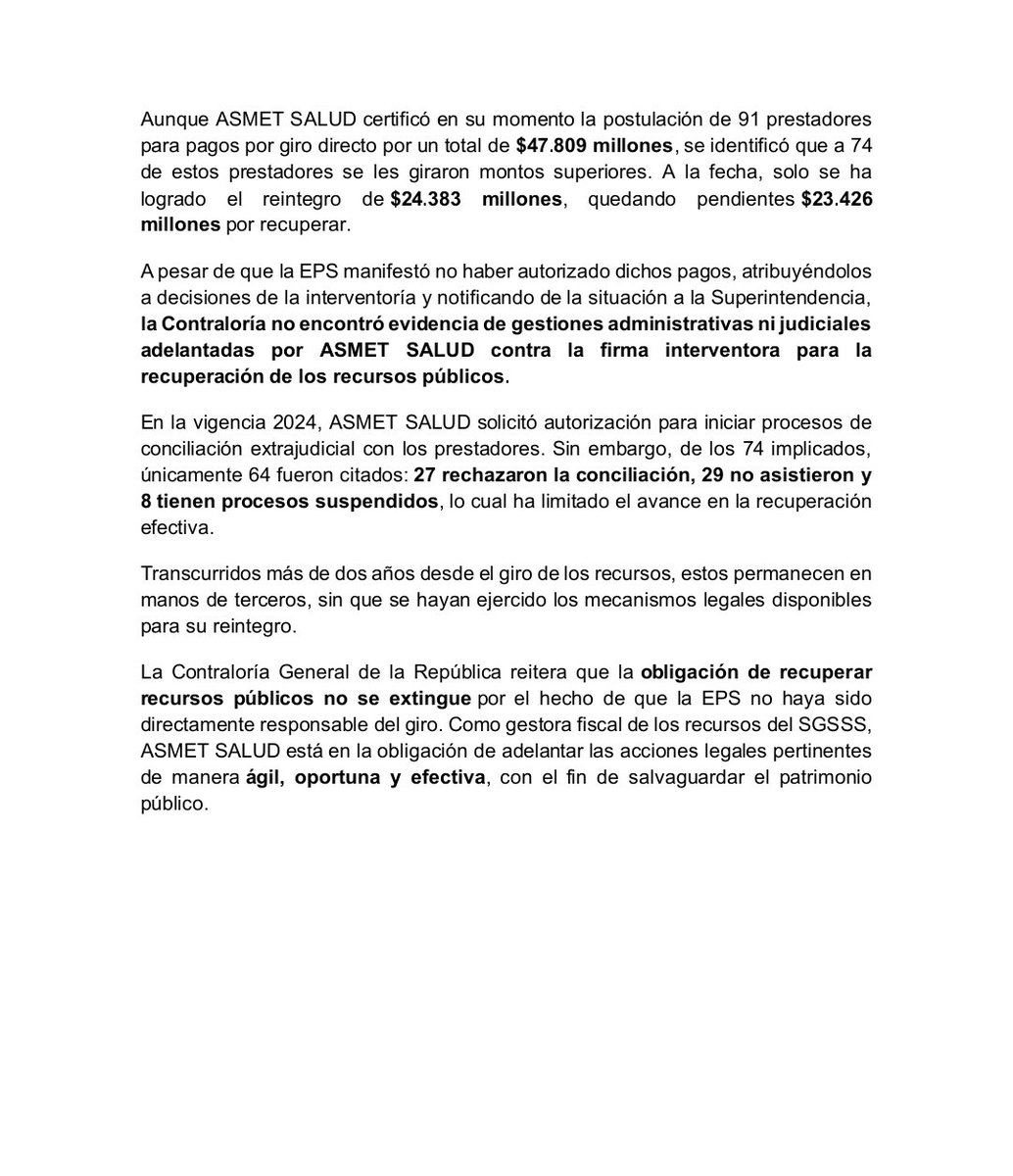 La Contraloría informó que evidenció giros injustificados por 23.426 millones de pesos a prestadoras de salud en medio de intervención a Asmet Salud EPS