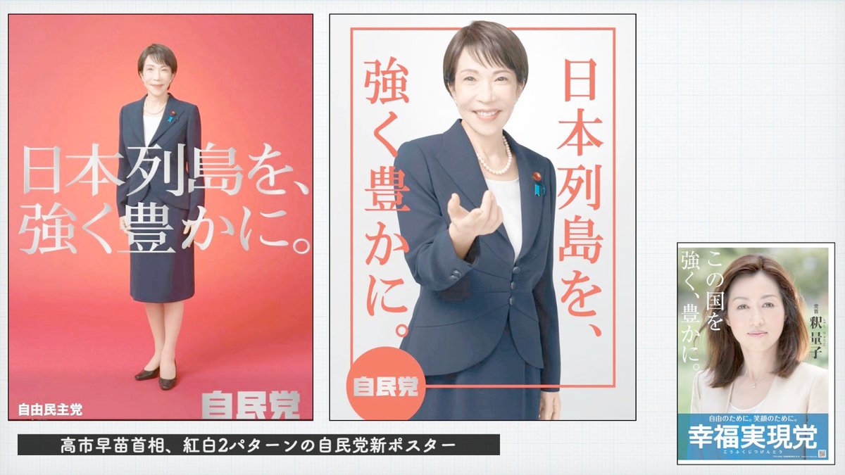 高市早苗のポスターの白い方、頭は赤線の前に、腰から下は赤線の後ろに
