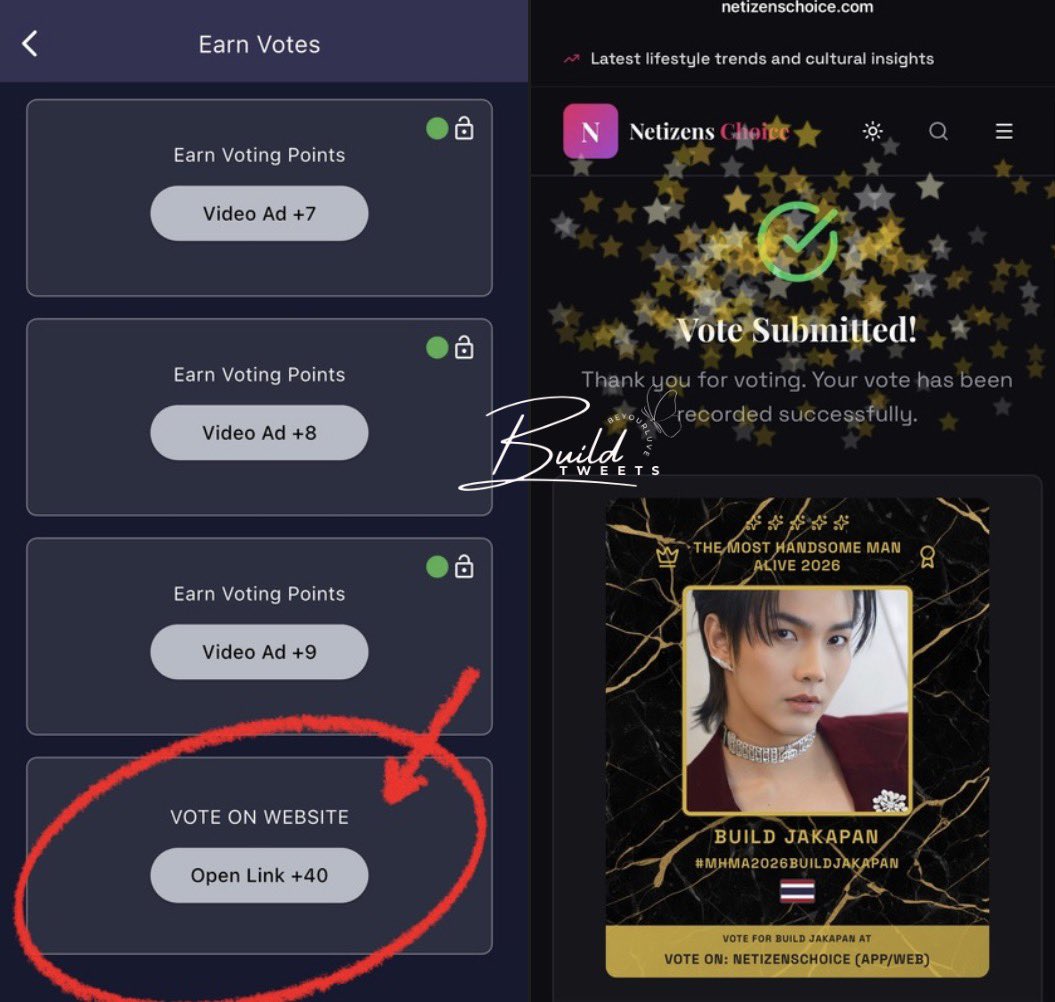 build_tweets2's tweet photo. Netizens  Website vote - Tip 1 ‼️

📥VOTE from app +40 votes/hour 
            🎯earn 320-400 points /day

📥 VOTE  on website / hour : 
           🎯8-10 /day 

I vote #BuildJakapan for Most Handsome Man Alive 2026 #MHMA2026 #MHMA2026BuildJakapan #NETIZENSCHOICE @thenreport https://t.co/KVbWJRiziO