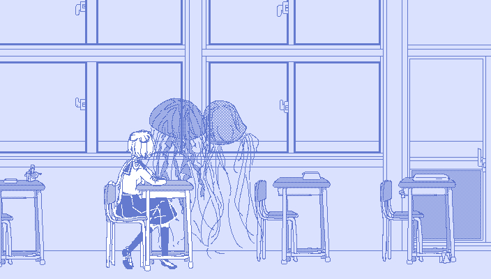 _kanmi00's tweet photo. ビジュアルノベル『くらげのがっこう』

くらげばかりの中学校に教育実習としてやってきたプレイヤーは１人の人間の女の子と出会って会話をしていくゲームです。話を聞いてくれるだけでいいんですよ。

鋭利制作中です！
６月までには公開予定です！
#ゲーム制作 #ゲーム開発 https://t.co/MtYMvJ1ide