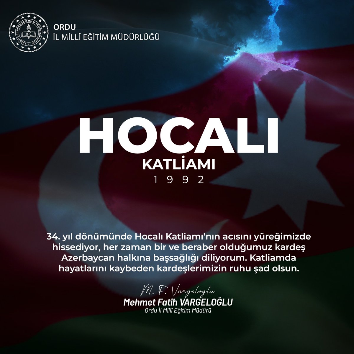 2️⃣6️⃣ Şubat 1️⃣9️⃣9️⃣2️⃣ tarihinde Hocalı’da yaşanan elim olayda hayatını kaybedenleri rahmetle anıyoruz.

#eğitimkentiORDU
#Ordu 

<a href="/tcmeb/">Millî Eğitim Bakanlığı</a> <a href="/Yusuf__Tekin/">Yusuf Tekin</a> <a href="/TCOrduValiligi/">Ordu Valiliği</a> <a href="/mhilmiguler/">Dr. Mehmet Hilmi Güler</a> <a href="/mfvargeloglu/">MEHMET FATİH VARGELOĞLU</a>