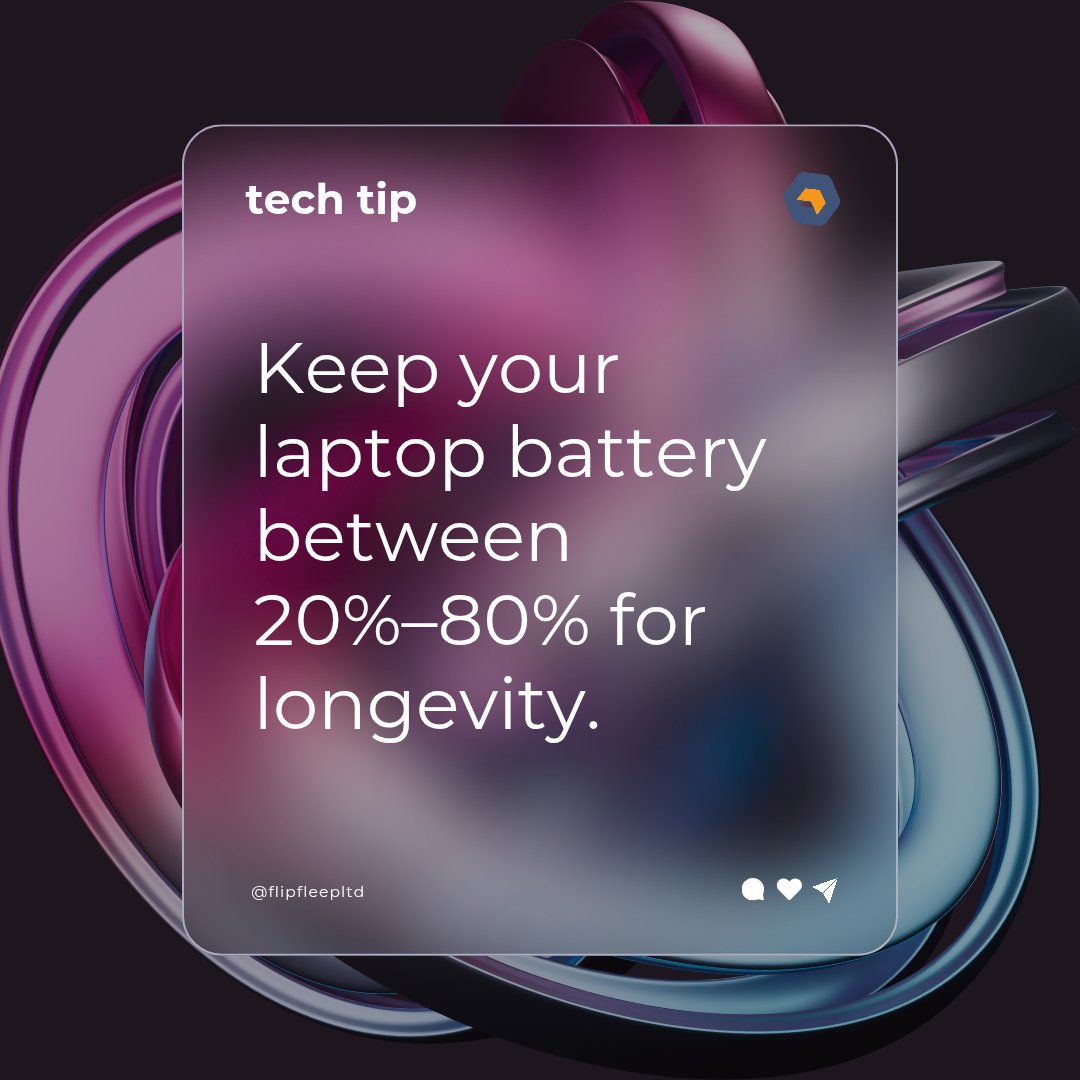 FlipfleepLtd's tweet photo. Battery longevity tip:
Avoid extreme highs and lows.
Lithium batteries prefer balance.
Keep charge between 20%–80% and thank yourself later. 💻⚡

#Techtips #Batterylife #Tech #Itrieditout https://t.co/Q6YGp4faty
