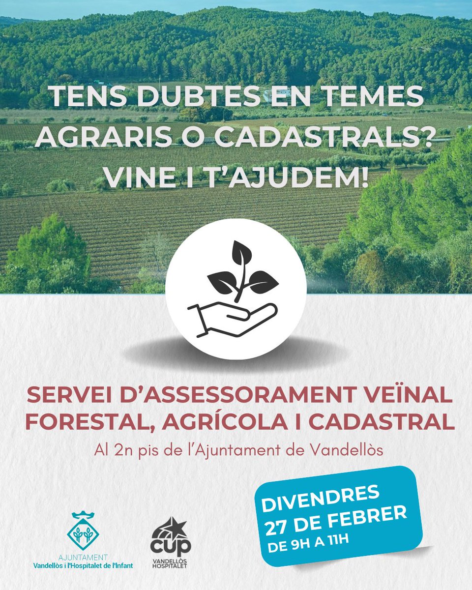 CupVH's tweet photo. Demà divendres 26 de febrer de 9 a 11h del matí a l'Ajuntament de Vandellòs hi haurà el Servei d'Assessorament Agrari i Cadastral que cada mes s'ofereix de forma gratuïta a totes les veïnes i veïns i empreses del municipi. https://t.co/PYVcZzs86a