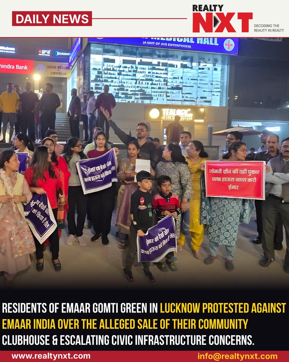 RealtyNXT's tweet image. #News | Lucknow residents protest alleged clubhouse sale by Emaar India, as RWA flags security risks, late-night disturbances, and 3 persistent civic infrastructure problems in 2026.

#RealtyNXT #LucknowUpdate #ResidentVoices #UrbanHousing #CivicConcerns #CommunityRights