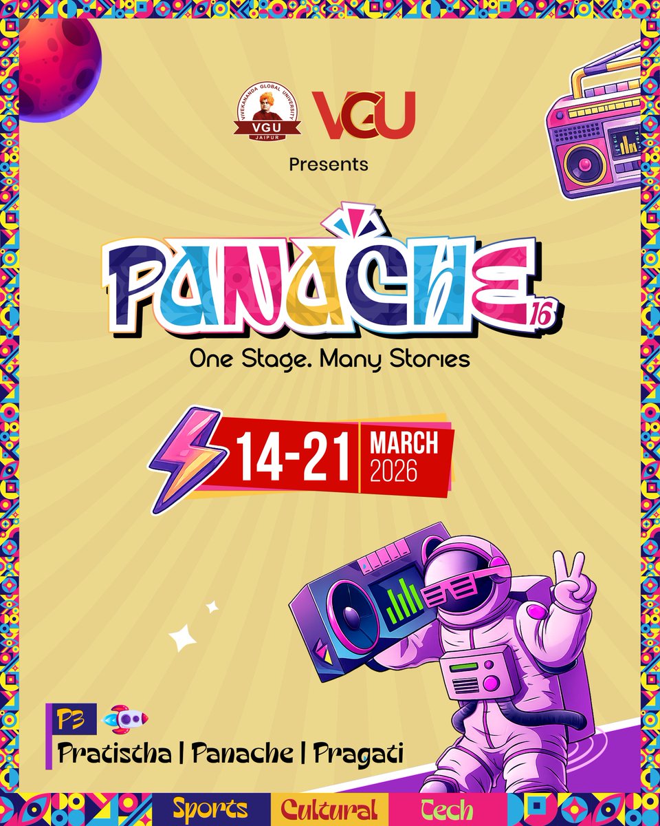 It’s official. The wait is over. 🔥

PANACHE 16 is here to set the stage on fire! 
One Stage. Many Stories. Infinite memories.

🗓 14–21 March 2026
Get ready for a week packed with Sports | Cultural | Tech

Tag your fest gang &amp; let the countdown begin! 

#Panache16 #VGUAnnualFest