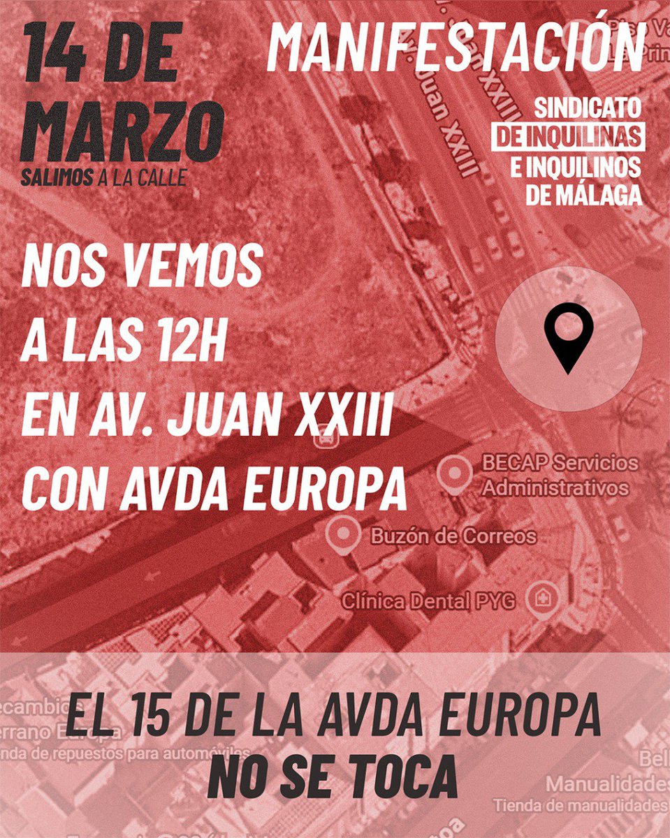 InquilinatoMLG's tweet photo. LA MANIFESTACIÓN DEL 14 DE MARZO SALE 

⏰️ A LAS 12H

📍 DESDE AVENIDA EUROPA CON JUAN XXIII 

📣 ¡Nos vemos el 14 DE MARZO para decir alto y claro que LAS CASAS SON PARA VIVIR!

¡Y LOS BARRIOS PARA LAS VECINAS!

#NosQuedamos https://t.co/ZszzSeVsOz