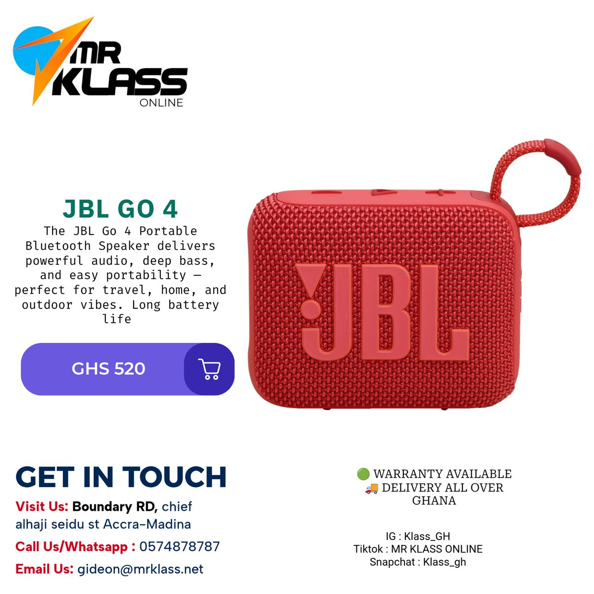 Big sound in a small body 🔊✨
The JBL Go 4 Portable Bluetooth Speaker delivers powerful audio, deep bass, and easy portability — perfect for travel, home, and outdoor vibes. Long battery life, stylish design, and crystal-clear sound wherever you go.