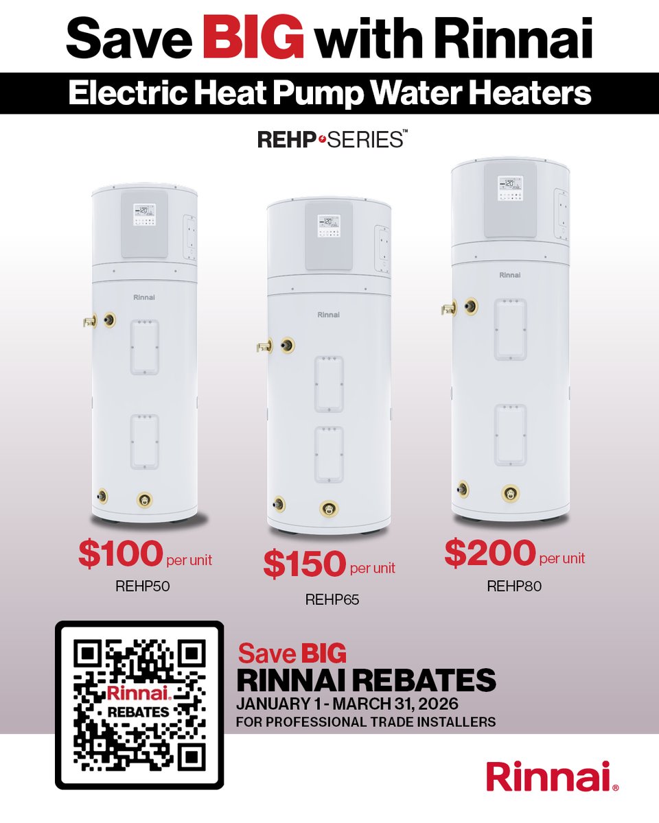 Rinnai's tweet photo. Rinnai has BIG rebates on REHP SERIES™ Electric Heat Pump Water Heaters!

Now through March 31, 2026, take advantage of this incredible promotion.

Scan the QR Code or visit https://t.co/4hBUeCoHh4 to claim your Rebate.
Visit: https://t.co/INDGcIQFIs

#Rinnai https://t.co/LYKZPAYKLr