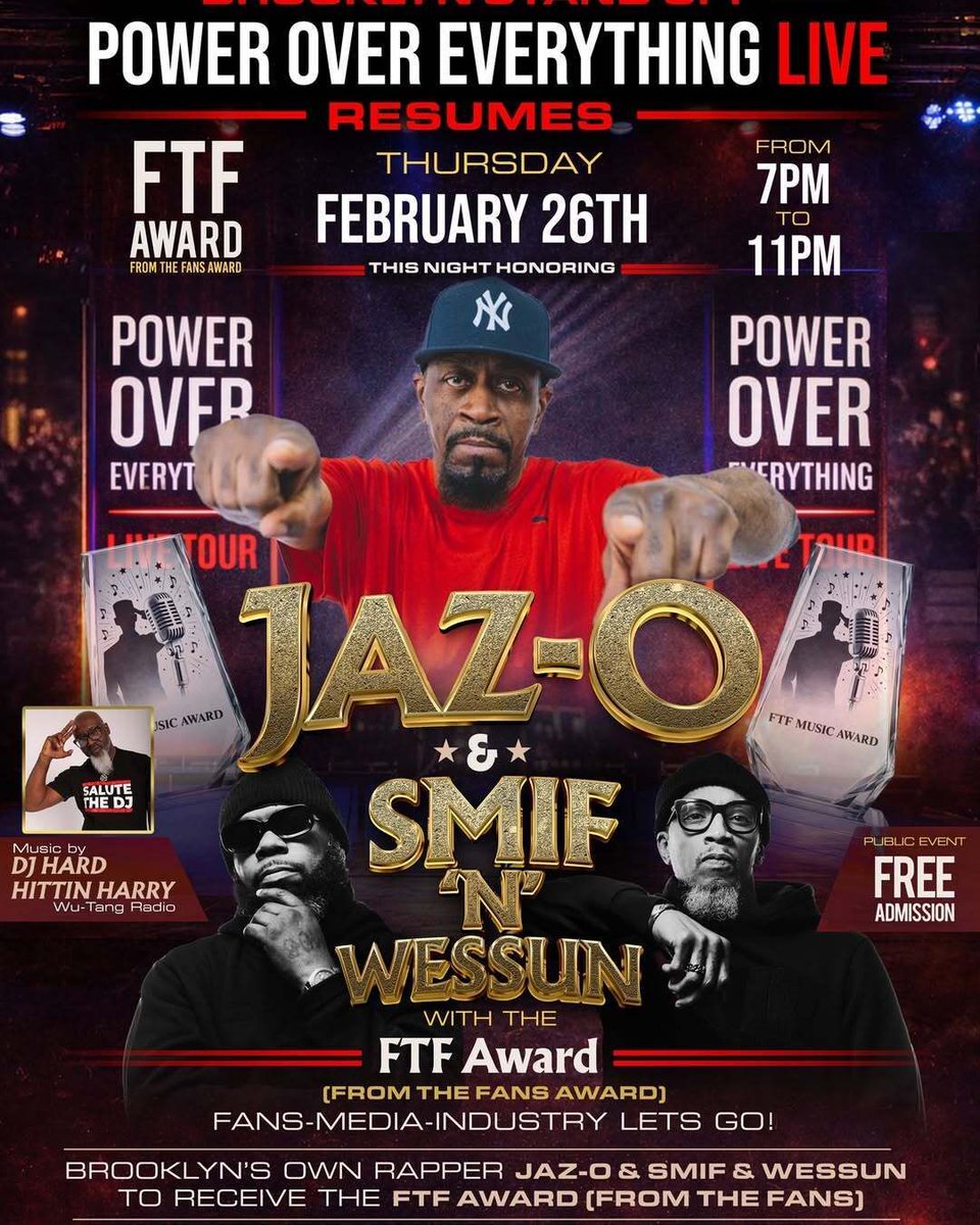 baragendanyc's tweet photo. Also on Thursday at 7:00pm @StarrbarBK.
Power Over Everything presents the next FTF awards, honoring Jaz-O and @Smifnwessun @teksmokeelah @generalsteele for their lasting impact on Brooklyn and hip-hop culture at large.
#NYCHipHop #NYCEvents #HipHopEvents #HipHopConcert https://t.co/7v4UIne1k9
