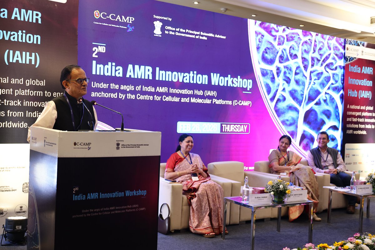 CCAMP_India's tweet photo. Accelerating global action against Antimicrobial Resistance (AMR)!

CCAMP today held the 2nd India AMR Innovation Workshop in New Delhi, under the aegis of the India AMR Innovation Hub (#IAIH), chaired by the @PrinSciAdvGoI @PrinSciAdvOff.

The workshop brought together 100 key stakeholders from across the national and global #AMR innovation ecosystem, marking one of the largest dialogues of its kind in the Asia-Pacific region. 

Prof. Ajay Sood (@AjaySoodIISc), Principal Scientific Adviser to the Government of India, noted: “Our diverse and fragmented healthcare landscape, our vast geographic area, the largest population in the world and our recent role as the 'pharmacy of the world' put us at the very epicentre of this challenge. 

The AMR crisis needs a multi-sectoral coordinated response because of this animal-human-food-environmental interface. IAIH as NAP 2.0 Innovation Arm will play a crucial role in India's AMR combat and preparedness.”

Dr. Parvinder Maini, Scientific Secretary, @PrinSciAdvOff, added: "The Office of the PSA remains committed to providing the best interventions possible for the scientific breakthroughs supported through IAIH to thrive. 

We are keen to position India as a primary scientific and innovation destination in the global AMR knowledge pool. IAIH is proof that we can become the country that’s the most prepared and ready globally when it comes to fighting AMR.”

Dr. Renu Swarup (@RenuSwarup), Former Secretary, @DBTIndia, Government of India, said: "AMR requires focused and sustained attention. Moving forward, let's align with the One Health approach of the Government of India, recognising the interconnected health of people, animals, and the environment. 

We need to integrate both top-down and bottom-up approaches to ensure last-mile impact. Also, effective data management and data sharing need to remain central to guiding evidence-based action."

Welcoming participants, Dr. Taslimarif Saiyed, Director-CEO, @CCAMP_India, presented the IAIH vision, efforts and solutions to address AMR across human health, agri, animal health and the environment.

#IndiaFightsAMR

@PMOIndia @Taslimarif @PrinSciAdvGoI @DrJitendraSingh @MoHFW_INDIA @NITIAayog 
@startupindia @GoI_MeitY @meitystartuphub 
@rajesh_gokhale @IndiaDST @karandi65
@dineshgrao @PriyankKharge @ITBTGoK @Startup_Kar @DHFWKA @WHOSEARO @WHO
@gardp_amr @ICARS_global @BMGFIndia @wellcometrust @BIRAC_2012 @NCDCMoHFW @Pharmadept @CDSCO_INDIA_INF @novonordiskfond @SBI_FOUNDATION @ICMRDELHI
@NCDCgov @KaminiWalia @anand_bugworks @draghafur @FINDdx @DNDi @drskavita @CARB_X @ErinDuffyJ @BARDA @doctorsoumya @swissnexindia @GKangInd