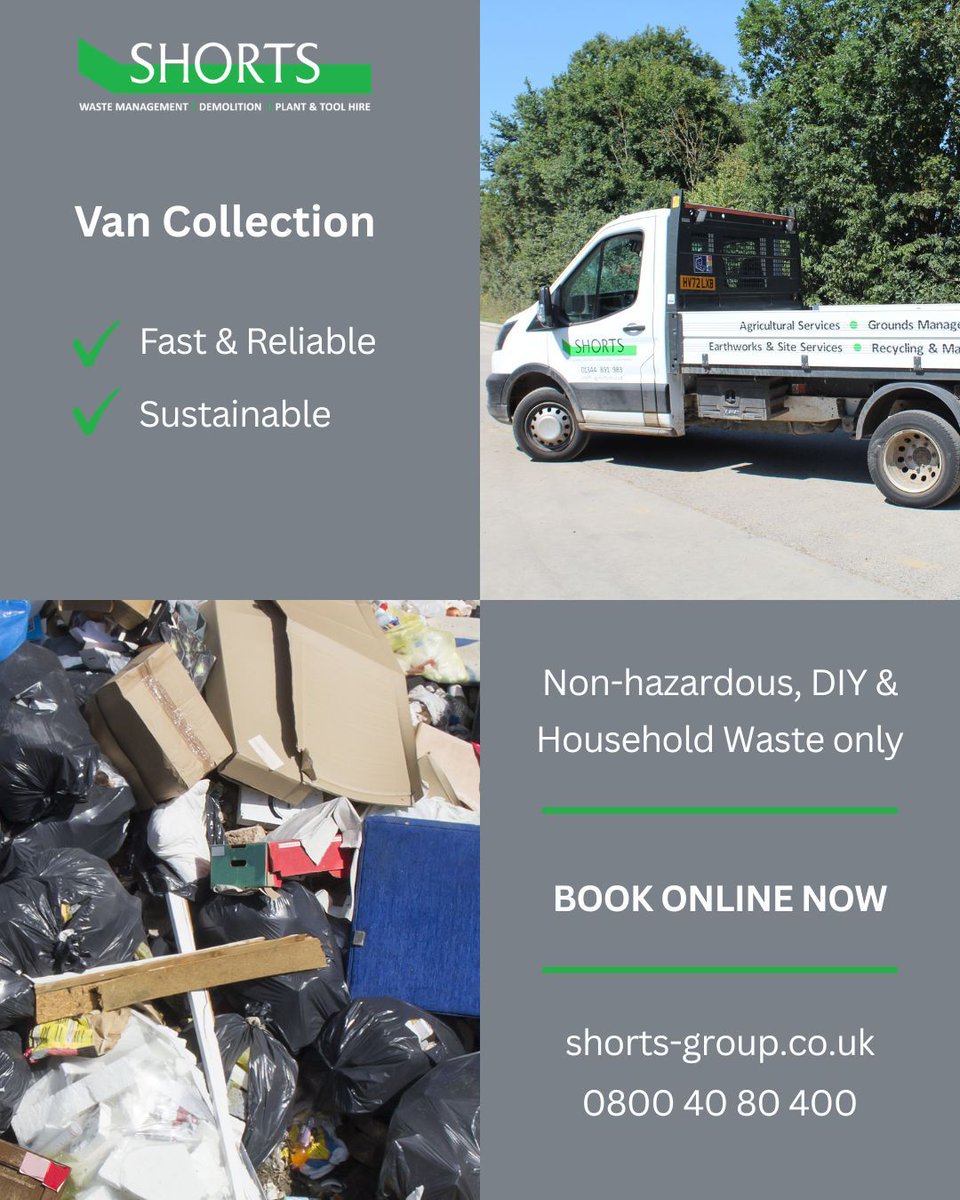 ShortsGroup's tweet image. Need household waste removal? Our van collection service is fast, reliable and sustainable! Book your slot online now.

buff.ly/ETduhkk
0800 40 80 400

#VanCollection #WasteCollection #WasteRemoval #Recycling
