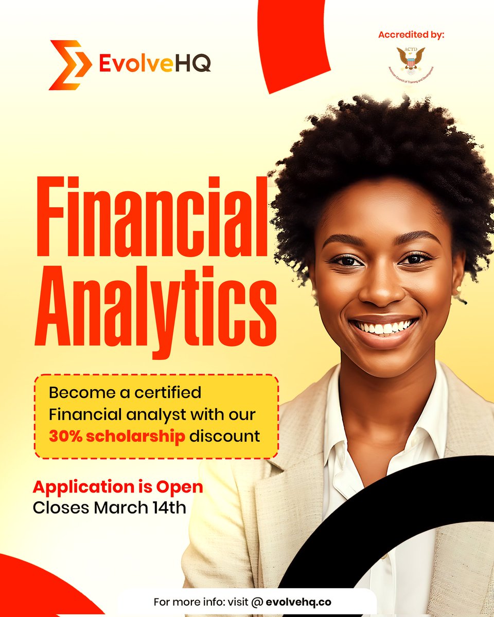 Evolve__HQ's tweet photo. Secure 30% discount Scholarship on our Financial Analytics and Modelling programs

To register comment "Finance"

#EvolveHQ@2 #evolvehq #financialanalytics #techtraining #TechScholarship https://t.co/dClSYaut9D