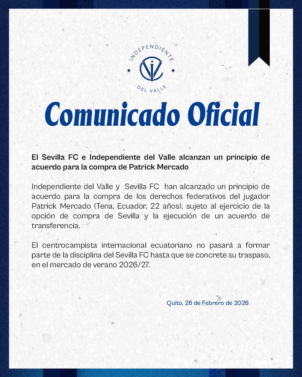 🚨 Comunicado Oficial #IDV |

🤝 Principio de acuerdo con <a href="/SevillaFC/">Sevilla Fútbol Club</a> para la compra de Patrik Mercado.

#SomosIDV #SomoselValle #UnClubDiferente