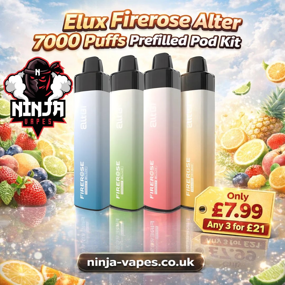 NinjaVapesuk's tweet image. Elux Firerose Alter 7000 Puffs Prefilled Pod Kit | Only £7.99 | Any 3 for £21
. 
Enjoy up to 7k puffs with the Elux Firerose Alter - prefilled, and crafted for smooth, long-lasting vaping.
. 
ninja-vapes.co.uk/product/elux-f…
. 
#elux #firerosealter #7000puffs #prefilledpodit #ninjavapesuk