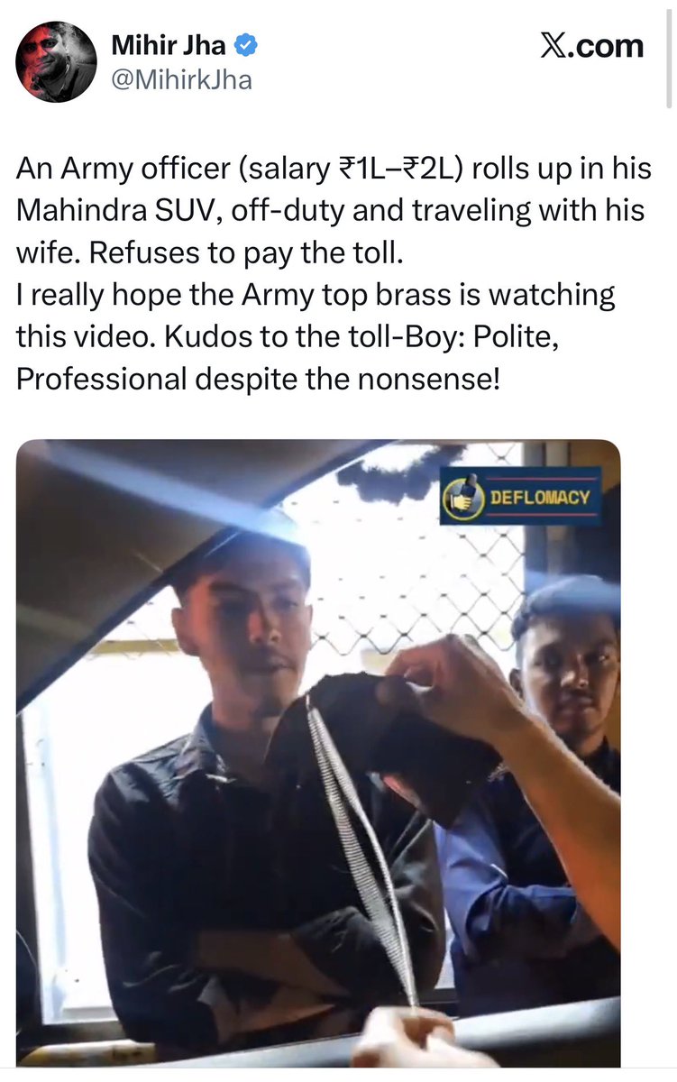 SandyAhlawat89's tweet photo. Mr whoever, before you attempt to sermonize on morality…at least acquaint yourself with facts.

➡️You mocked a serving Army officer at a toll plaza. Let’s begin there. A serving officer of the Indian Army, a man who has signed up for unlimited liability…which means he pledges his life to the nation without bargaining terms. His salary is not charity. It is his lawful entitlement in exchange for a profession where the ultimate price is death... Sneering at his pay (1L -2L) reflects more about your mindset than about his service.

➡️Then you chose to comment on the SUV he drives as though you personally financed it….Officers take bank loans like any other citizen. They pay EMIs…They manage households and live within their means. Owning a car is not a crime, it is not a moral failing as was depicted by you… The attempt to insinuate privilege simply because he wears a uniform is shallow.

➡️You called him “off-duty.” That statement alone exposes ignorance….The Supreme Court has already clarified in multiple contexts that a member of the Armed Forces is never truly off duty in the way civilians understand it. A soldier remains bound by service law, conduct rules & operational recall at all times. Make yourself wise…that on leave he remains subject to military discipline and can be called back at a moment’s notice. Words matter…,Use them responsibly.

➡️Then comes the toll narrative. He did not refuse to pay toll. He was interacting with the toll staff and asserting what he believed to be his lawful position. Whether one agrees with him or not, there is a difference between a discussion and a refusal. That distinction seems to have been conveniently erased to create outrage….not too sure how were you benefited?

You further said, “I hope the top brass is watching.” What exactly were you implying? That a serving officer should be intimidated publicly? That engaging in a disagreement at a toll booth is some grave misconduct? If you have an allegation…state it clearly. If not, vague insinuations only reveal malice…what did you earn by all this?

➡️And calling what the officer and his wife were doing “nonsense”? That choice of language betrays intent….Criticism is one thing. Demeaning tone directed at uniformed personnel and their families is quite another….who paid you for doing all this? Were you seeking followers?

Disagreement is healthy in a democracy, mockery without facts is not….Critique policy, critique rules, critique systems …but do not distort events and then manufacture moral superiority.

If you are going to quote someone, quote them with context. If you are going to question a soldier’s conduct, do so with evidence…. if you are going to speak of honor, understand first what it means to sign a document that binds you to unlimited liability in service of the nation….too much for you??

Debate honestly…..Or don’t debate at all.