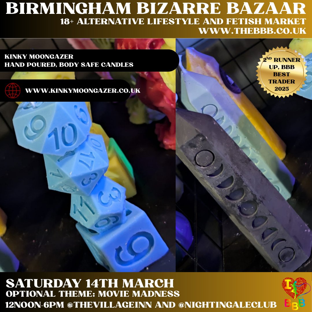 BBBAltFetBazaar's tweet photo. 🎬 March is Movie Madness and the trader lineup is giving main character energy! Lights, wax, pour! Kinky MoonGazer is back for March!

🗓 SATURDAY 14th March 12–6PM
https://t.co/LV63CY9S8z

#BrumEvents #QueerOwned #LGBTQBusiness #FetishFashion #KinkCommunity #BBBTraders https://t.co/49bZxxo84H
