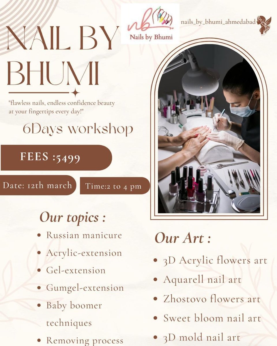 nails_by_bhumi's tweet photo. Turn your passion into a Nail Career π
6 Days Advanced Nail Workshop
Russian Manicure β’ Gel Extensions β’ 3D Art
π
12 March | βΉ5499
π² +91 93273 73001
#NailTrainingAhmedabad #AdvancedNailCourse #NailArtistLife #RussianManicure #NailWorkshop #GelExtensionCourse #NailsByBhumi https://t.co/g1NU07qC70
