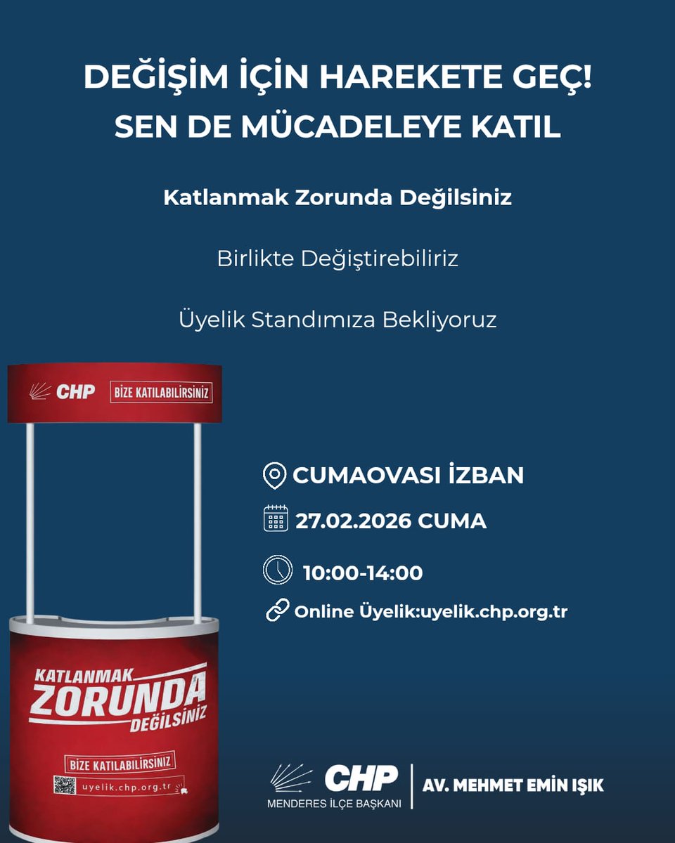 DEĞİŞİM İÇİN HAREKETE GEÇ!
Sen de mücadeleye katıl!

Katlanmak zorunda değilsiniz.
Birlikte değiştirebiliriz.

📍 Cumaovası İZBAN 
🗓 27 Şubat Cuma
⏰ 10.00 – 14.00

Üyelik standımıza bekliyoruz.
Gelin, dayanışmayı büyütelim, umudu çoğaltalım.