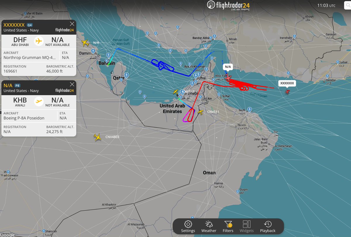 hey_itsmyturn's tweet image. #USN 🇺🇸
P-8A Poseidon (AE6847)  ISR &amp;amp; ASuW mission over the Persian Gulf and Strait of Hormuz

MQ-4C Triton (AE7814 | 169661) ISR mission over the Gulf of Oman