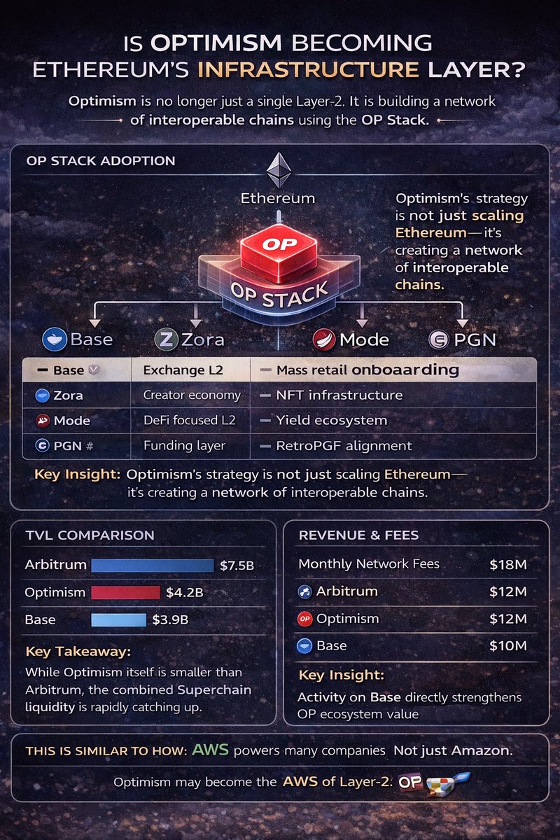 web_scavengr's tweet photo. Why Optimism’s Strategy Is Different From Other L2s

Most Layer-2 networks are competing for three things:

• Liquidity
• Users
• Developers

The typical strategy is simple:

Launch incentives
Attract DeFi
Grow TVL

Optimism is doing something different.

Instead of trying to win alone, it’s expanding the total Layer-2 market.

The OP Stack allows other teams to launch their own chains while still contributing to the ecosystem.

This changes the competitive dynamic.

Instead of:

L2 vs L2

It becomes:

Superchain vs everyone else.

If dozens of projects adopt the OP Stack, Optimism’s influence scales far beyond its own chain.

This model is similar to what happened in tech.

Android became dominant not because Google built the best phone.

But because many companies used the Android operating system.

The same concept could apply here.

If the OP Stack becomes the default toolkit for launching L2s, Optimism wins regardless of which individual chain dominates.

But there’s a key question investors should ask.

If Base, Zora, and future chains generate billions in economic activity…

How much of that value flows back to OP holders?

That’s one of the biggest debates in crypto right now.

#DipAndEarnUp555%APR #WednesdayAirdrop #TradeGoldandSilver #ByXLeaderboard #FarmMNTonAlpha 

$OP