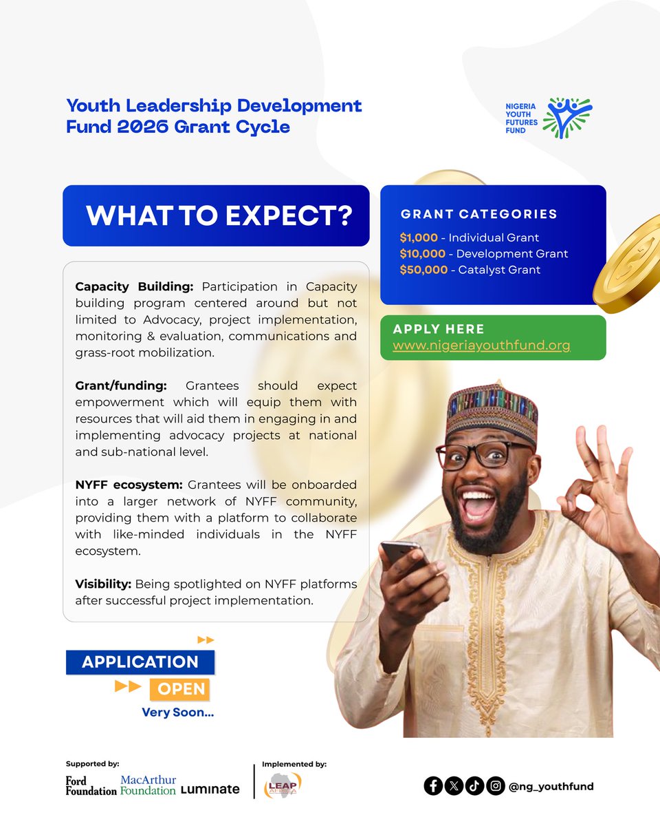 ng_youthfund's tweet photo. YLDF 2026 is not just funding.

Expect to be stretched. Expect to be refined. Expect to be challenged to think bigger than your current capacity.

Applications open soon. Start preparing like your impact depends on it — because it does.

#YLDF2026 #TheNigeriaWeWant https://t.co/33B4gNxvZA
