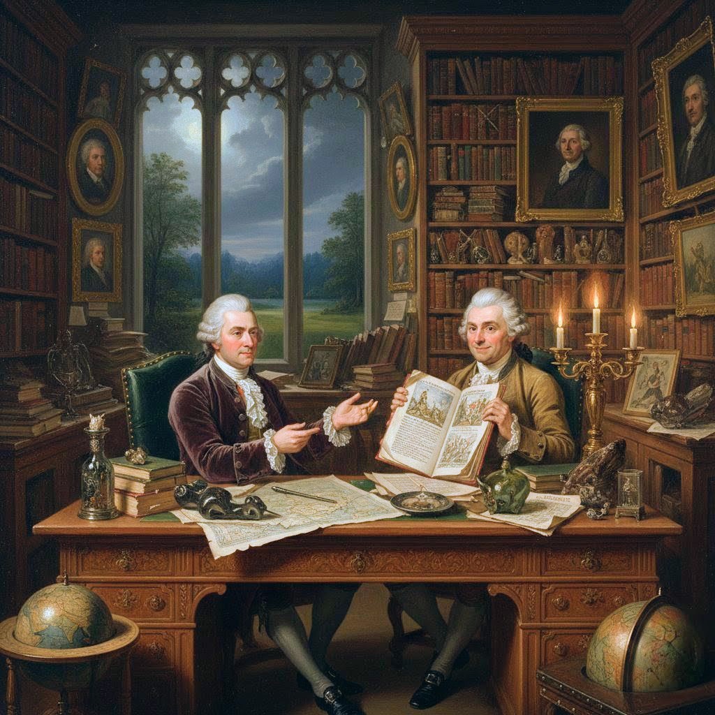 ZKarasova's tweet photo. Horace Walpole welcomes R. E. Raspe at his Neo-Gothic mansion called Strawberry Hill in Twickenham - an illustration for my current manuscript On the Way to Münchhausen. #author #writerstory #fiction #illustration #history #Walpole #Twickenham #Raspe #ZQK https://t.co/jvpt4Sq52f