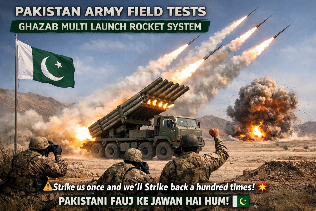 The #PakistanArmy conducts field tests of the Ghazab Multi Launch Rocket System (MLRS) 💥

⚠️Strike us once and we’ll Strike back a hundred times ! 💥

Pakistani Fauj ke Jawan Hai Hum !
#SAvsWI