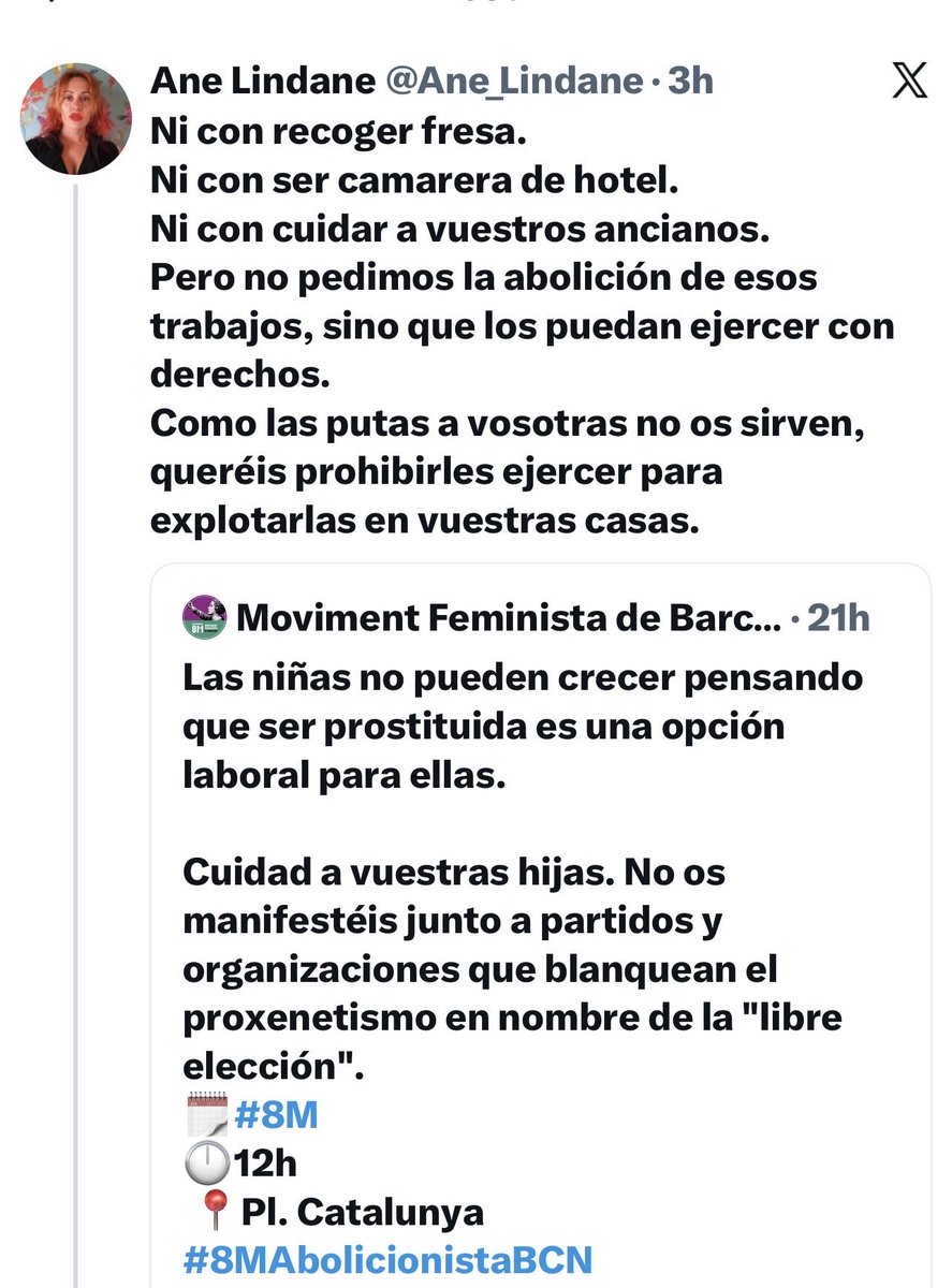 Qué enternecedor ese argumento de “si no abolís recoger fresas tampoco aboláis la prostitución”, como si comparar explotación agrícola con acceso pagado al cuerpo de mujeres y niñas fuera una genialidad lógica y no un batido raro de falacias que tomas cada mañana <a href="/LindaneAne/">Ane Lindane</a>