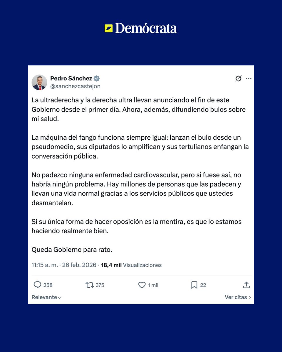 democrata_info's tweet image. Pedro Sánchez (@sanchezcastejon) desmiente a través de un comunicado los "bulos" sobre su estado de salud.

📲 Te lo contamos en @democrata_info democrata.es/politica/pedro… 

#PedroSánchez #ÚltimaHora #Demócrata