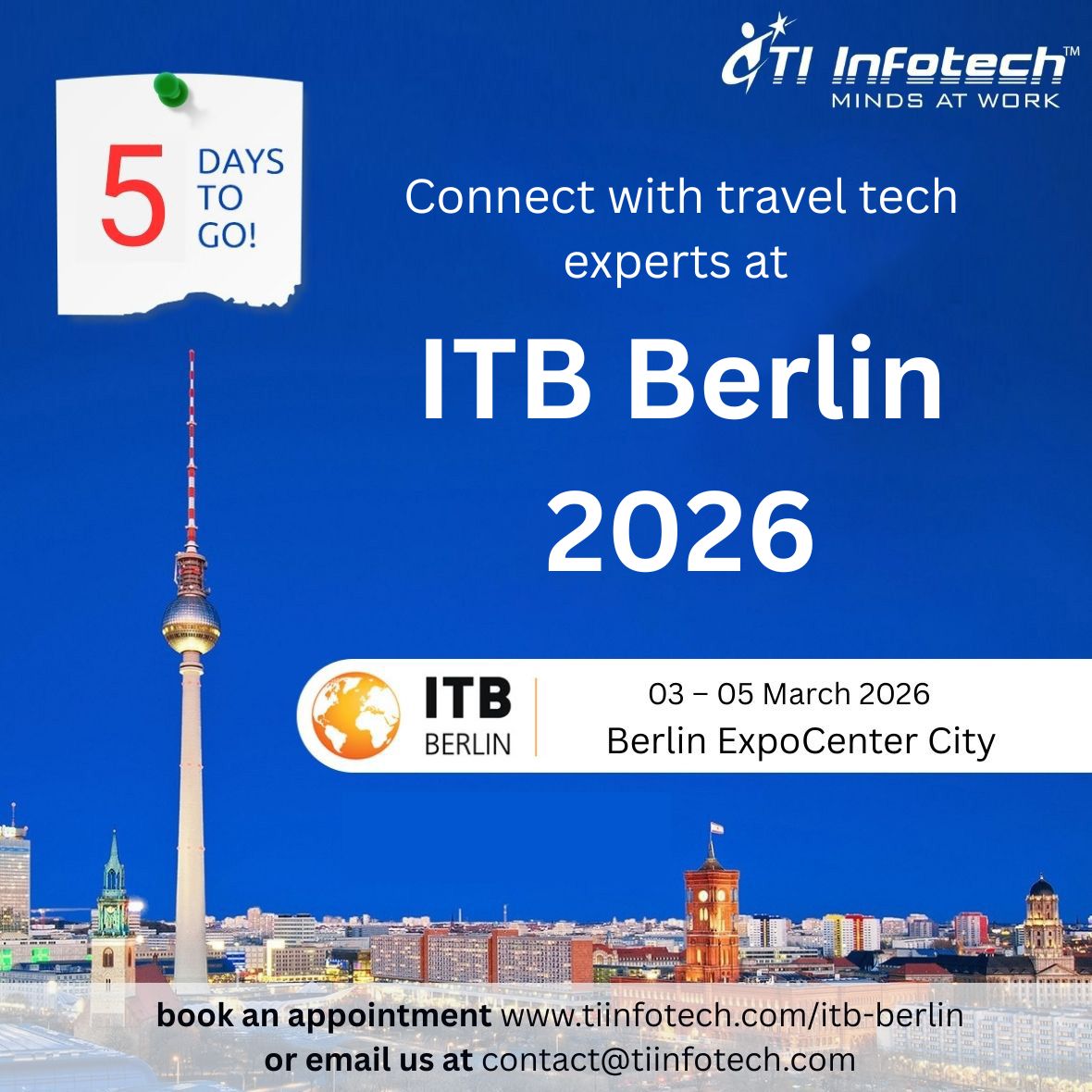tiinfotech's tweet photo. Connect with travel tech experts at ITB Berlin
Book now!
https://t.co/K4pLbYsL5T
Date: 03 – 05 March 2026
Time: 10:00 AM to 6:00 PM (GMT+1)
Location: Berlin ExpoCenter City
Email: contact@tiinfotech.com
#ITBBerlin #ITBBerlin2026 #ITBBerlinConvention #tiinfotech https://t.co/Jo5i5HrAyL