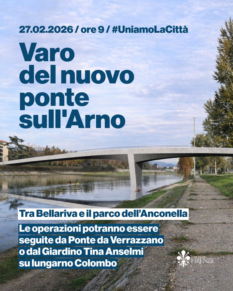 comunefi's tweet photo. 📌Domattina, venerdì 27 febbraio, sono in programma le operazioni che porteranno al varo del nuovo ponte sull’Arno, tra Bellariva e il parco dell’Anconella. https://t.co/9wYHjQN3zI
