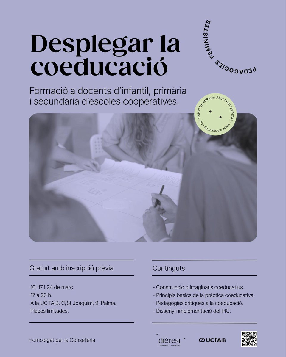 uctaib's tweet photo. 📚 Formació en coeducació per a docents cooperatius.

👩‍🏫 Carme Rosselló i Carme Tovar (Dièresi)
📅 10, 17 i 24 de març
📍 UCTAIB (Palma)
📝 Fins 6/03
👉 Formulari: https://t.co/sDrb7UfhXQ
#SomCooperatives https://t.co/oC0Y8nQ1zL
